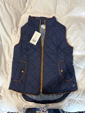 crown & ivy Navy Quilted Vest with Brown Trim